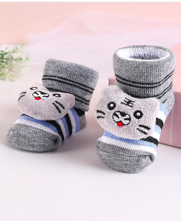 Cute Walk by Babyhug Sock Shoes with Bear Applique - Grey