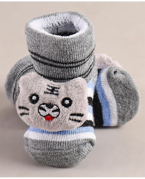 Cute Walk by Babyhug Sock Shoes with Bear Applique - Grey