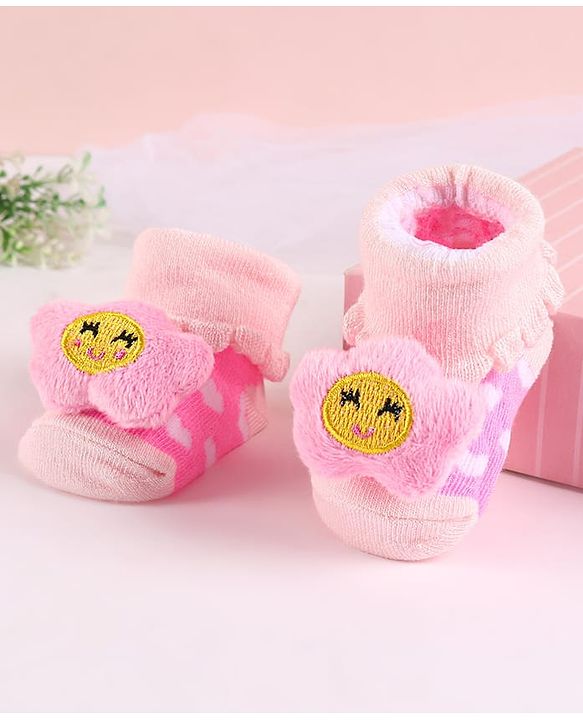 Cute Walk by Babyhug Sock Shoes with Flower Applique - Pink