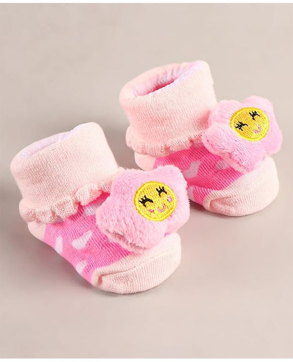 Cute Walk by Babyhug Sock Shoes with Flower Applique - Pink