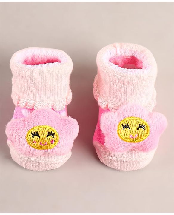 Cute Walk by Babyhug Sock Shoes with Flower Applique - Pink