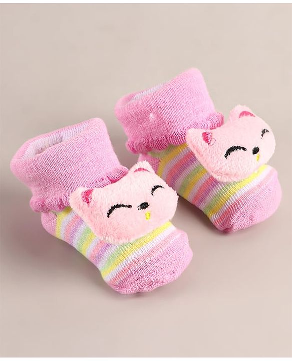 Cute Walk by Babyhug Sock Shoes with Cat Applique - Pink