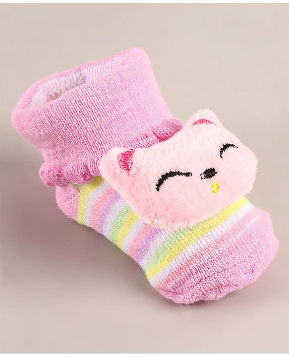 Cute Walk by Babyhug Sock Shoes with Cat Applique - Pink