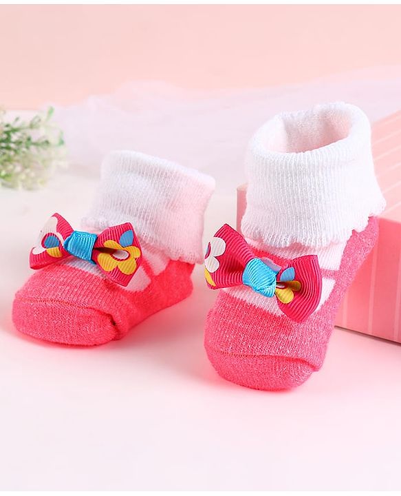 Cute Walk by Babyhug Sock Shoes with Bow Applique - Dark Pink