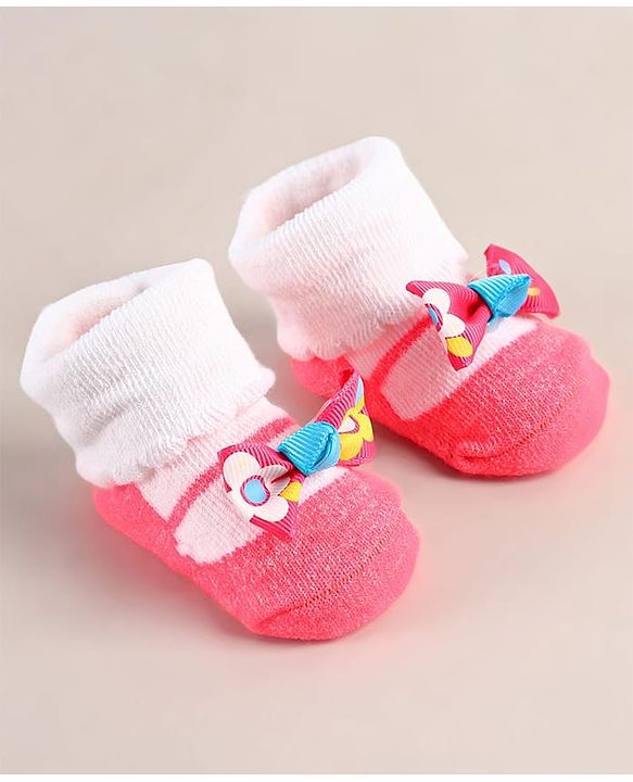 Cute Walk by Babyhug Sock Shoes with Bow Applique - Dark Pink