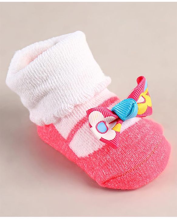 Cute Walk by Babyhug Sock Shoes with Bow Applique - Dark Pink