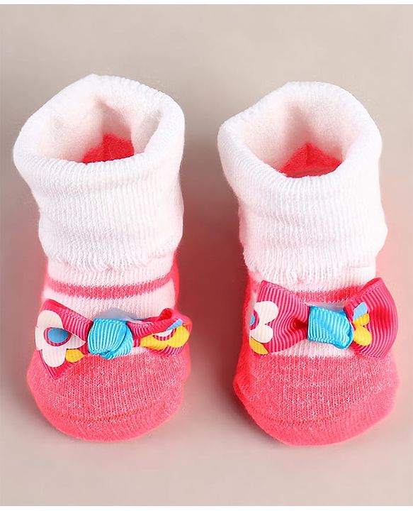 Cute Walk by Babyhug Sock Shoes with Bow Applique - Dark Pink