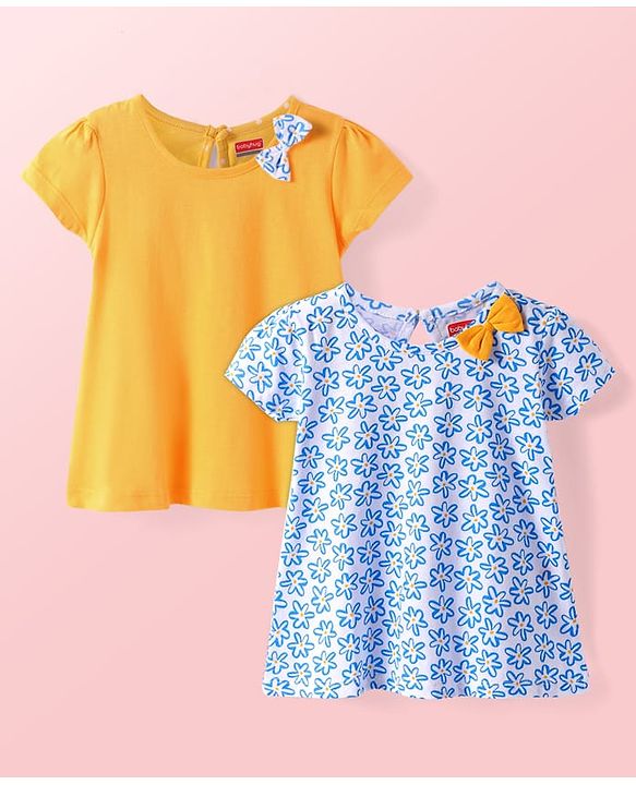 Babyhug Single Jersey Knit Half Sleeves Dresses with Floral Print & Bow Applique Pack of 2 - Yellow & Blue