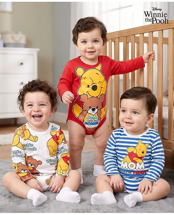 Babyhug Disney Interlock Knit Half Sleeves Winnie The Pooh Printed Onesies Pack of 3 - Red White & Blue