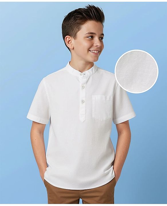 Pine Kids Linen Woven Half Sleeves Solid Colour Shirt With Mandarin Collar - White