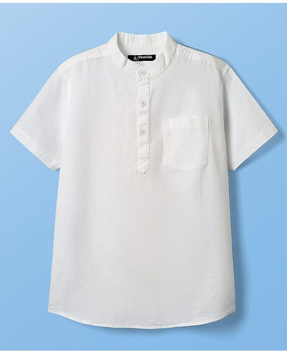 Pine Kids Linen Woven Half Sleeves Solid Colour Shirt With Mandarin Collar - White