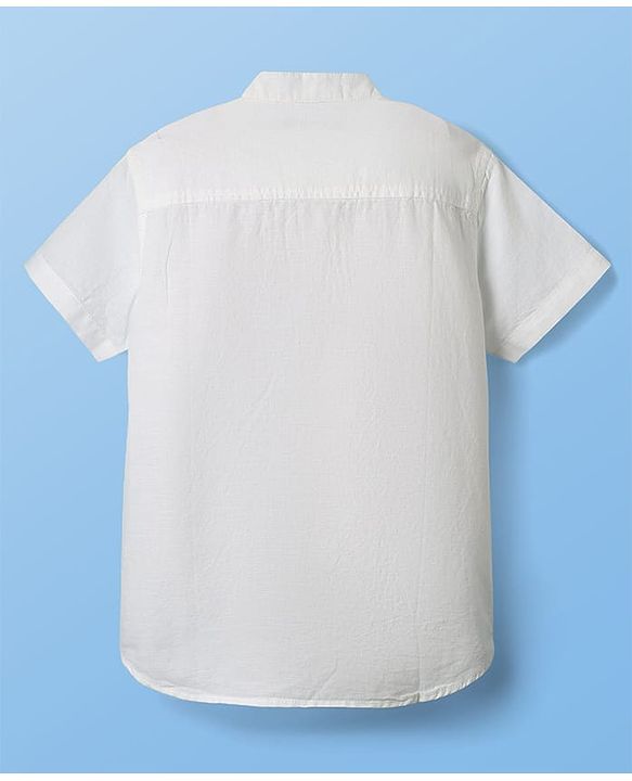 Pine Kids Linen Woven Half Sleeves Solid Colour Shirt With Mandarin Collar - White