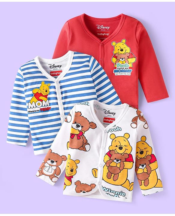 Babyhug Disney Interlock Knit Full Sleeves Jhablas with Winnie the Pooh Graphics & Stripes Pack of 3 - Red White & Blue