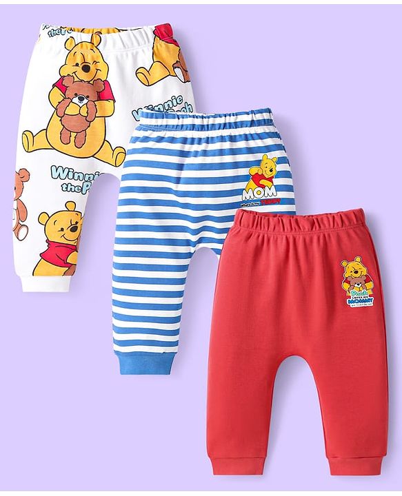 Babyhug Disney Interlock Knit Full Length Diaper Leggings Striped & Winnie The Pooh Print Pack Of 3 - White Red & Light Blue