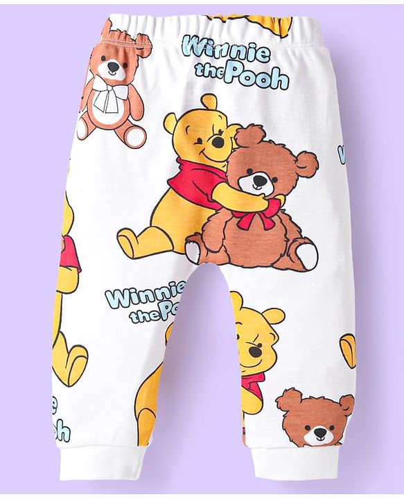 Babyhug Disney Interlock Knit Full Length Diaper Leggings Striped & Winnie The Pooh Print Pack Of 3 - White Red & Light Blue