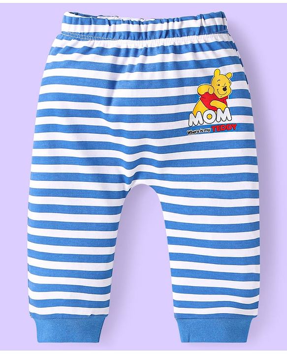 Babyhug Disney Interlock Knit Full Length Diaper Leggings Striped & Winnie The Pooh Print Pack Of 3 - White Red & Light Blue