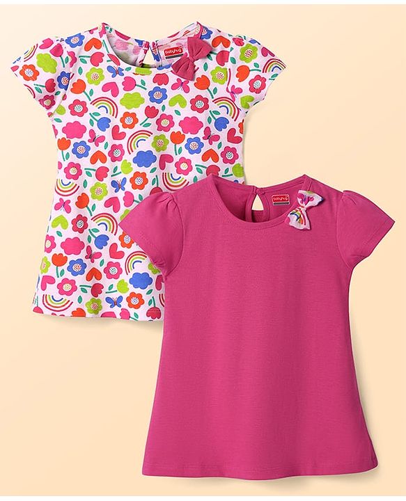 Babyhug Single Jersey Knit Half Sleeves Frock with Floral & Heart Print Bow Applique Pack of 2 - Dark Pink & White