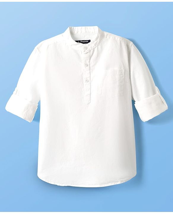Pine Kids Linen Woven Full Sleeves Solid Colour Shirt With Mandarin Collar - White