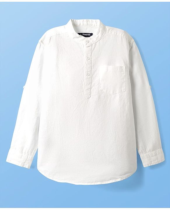 Pine Kids Linen Woven Full Sleeves Solid Colour Shirt With Mandarin Collar - White