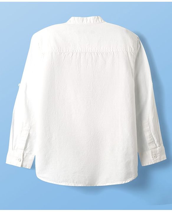Pine Kids Linen Woven Full Sleeves Solid Colour Shirt With Mandarin Collar - White