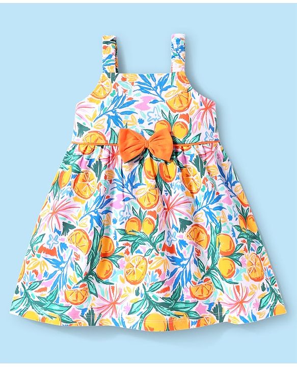 Babyhug Single Jersey Knit Sleeveless Frock with Floral Print & Bow Applique - Yellow & White