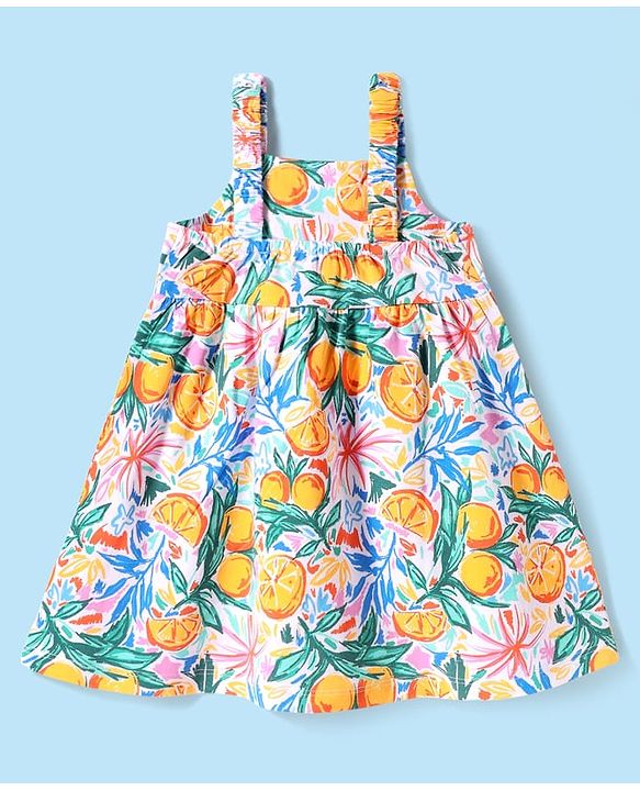 Babyhug Single Jersey Knit Sleeveless Frock with Floral Print & Bow Applique - Yellow & White