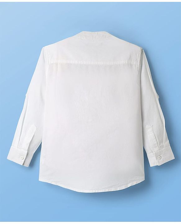 Pine Kids Linen Woven Mandarin Collar Solid Colour Shirt - White