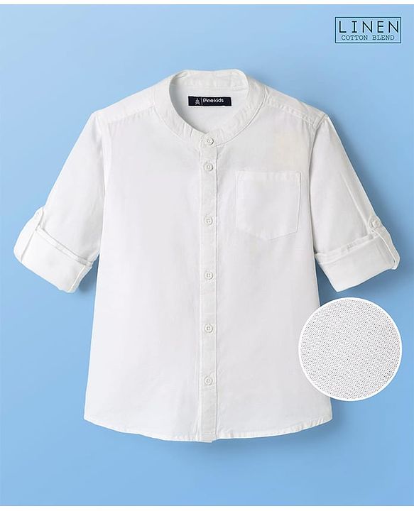 Pine Kids Linen Woven Mandarin Collar Solid Colour Shirt - White