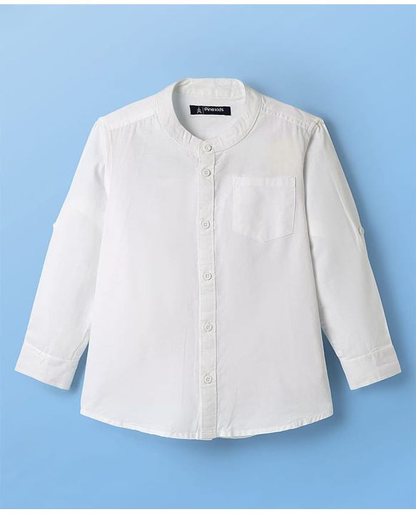Pine Kids Linen Woven Mandarin Collar Solid Colour Shirt - White