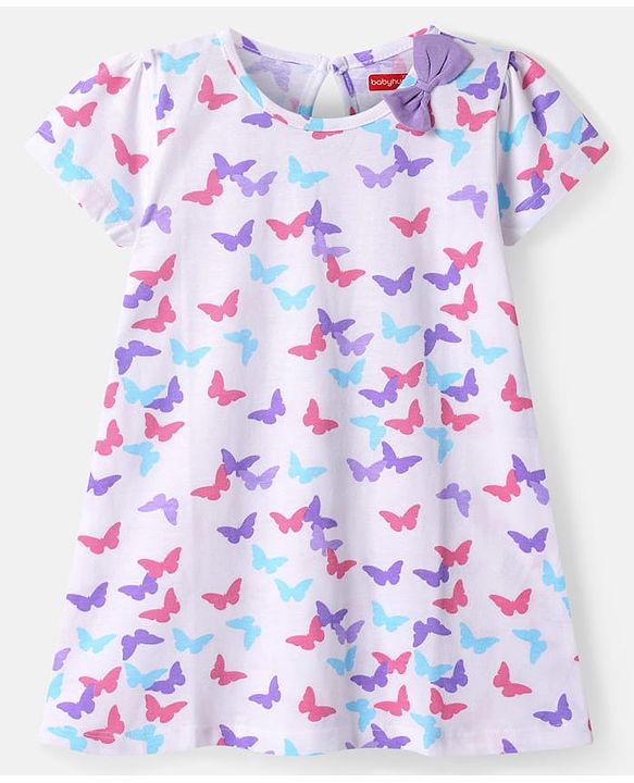 Babyhug Single Jersey Knit Half Sleeves Frock With Butterfly Print & Bow Applique Pack Of 2 -  Purple & White