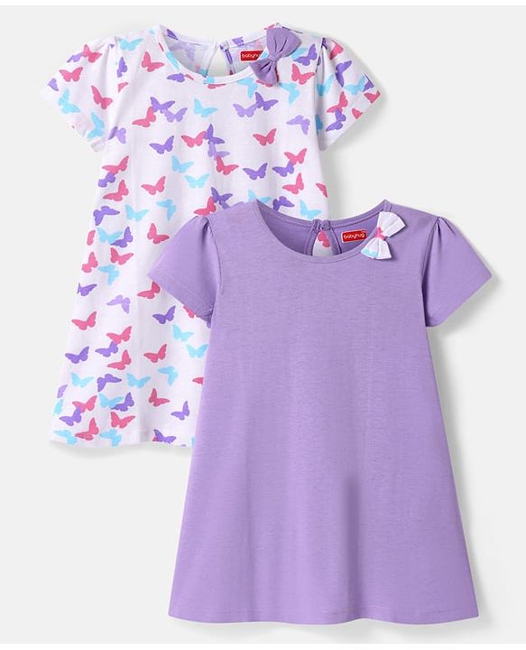 Babyhug Single Jersey Knit Half Sleeves Frock With Butterfly Print & Bow Applique Pack Of 2 -  Purple & White