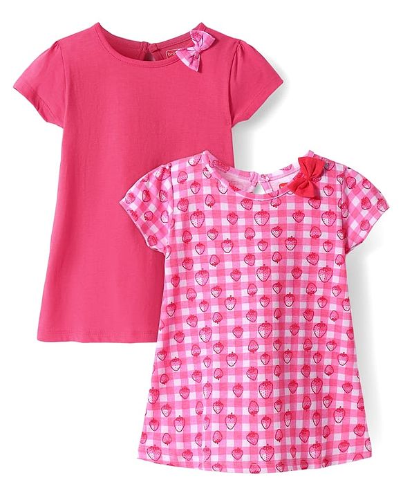 Babyhug Single Jersey Knit Half Sleeves Dresses With Strawberry Print & Bow Applique Pack of 2 - Dark Pink