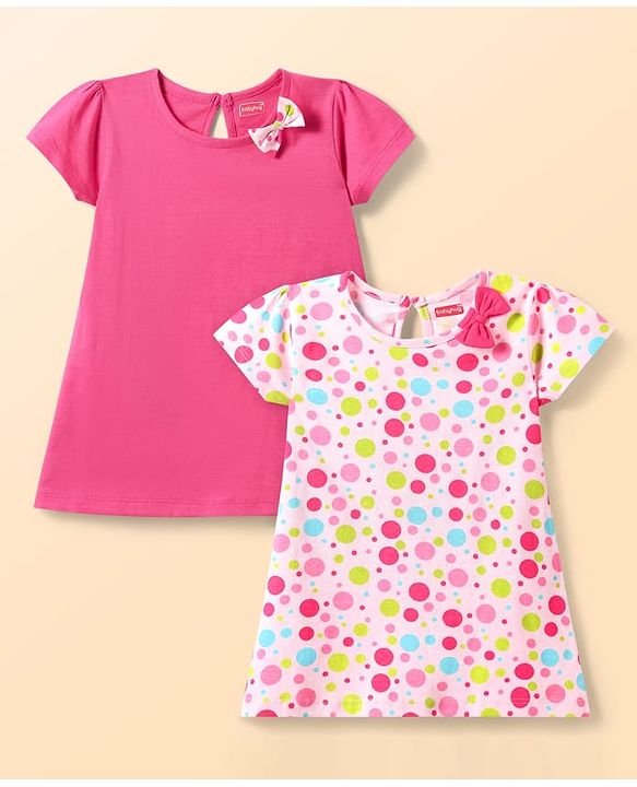 Babyhug Single Jersey Knit Half Sleeves Solid & Polka Dot Printed Dresses With Bow Applique Pack of 2 - Dark & Light Pink