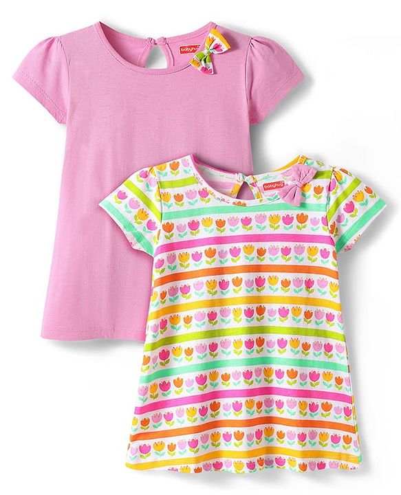 Babyhug Single Jersey Knit Half Sleeves Top & Shorts with Fruit Print - White & Pink