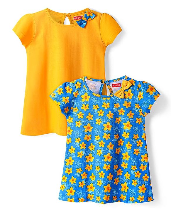 Babyhug Single Jersey Knit Half Sleeves Dresses with Floral Print & Bow Applique Pack of 2 - Yellow & Blue