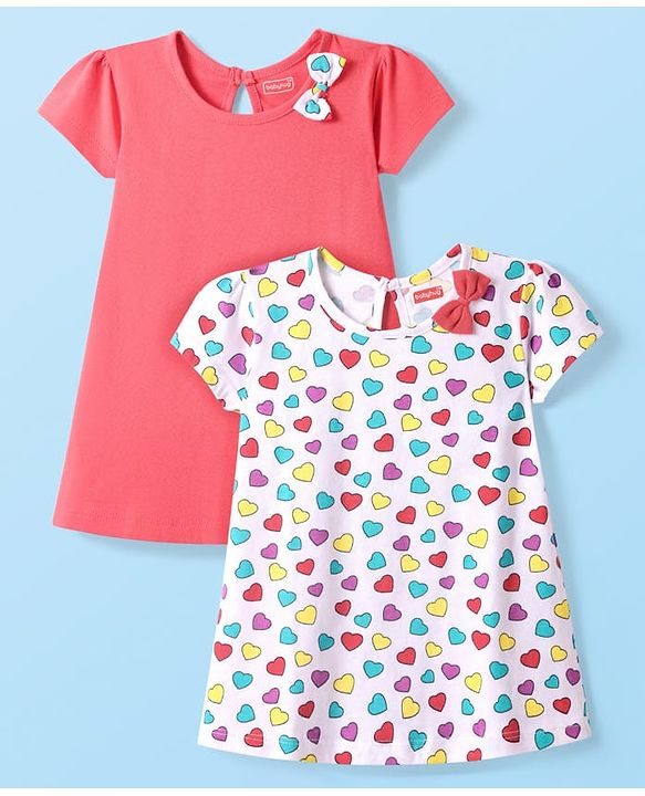 Babyhug Single Jersey Knit Half Sleeves Solid & Heart Printed Dresses With Bow Applique Pack of 2 - White & Dark Pink