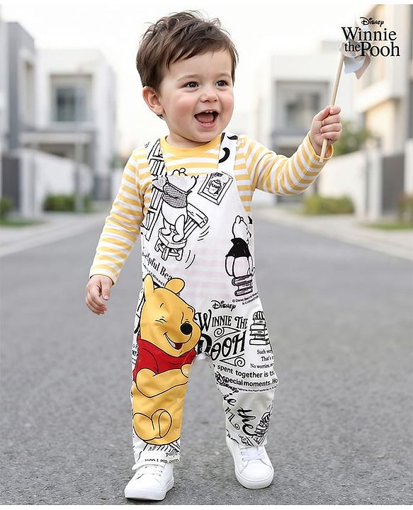 Babyhug Disney Single Jersey Knit Dungaree & Full Sleeves Striped T-Shirt With Winnie The Pooh Graphics - White & Yellow