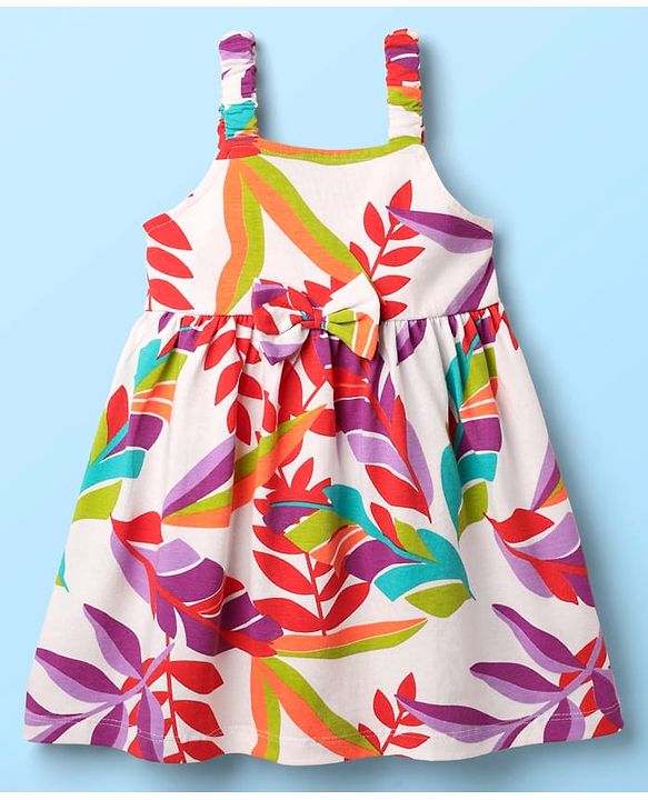 Babyhug Single Jersey Knit Sleeveless Frock with Tropical Print & Bow Applique - White