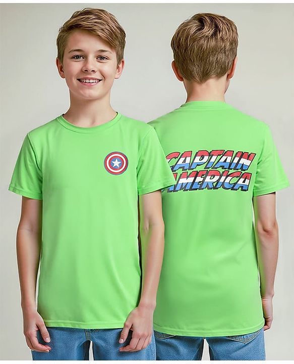 Pine Kids Marvel Single Jersey Knit Half Sleeves Drop Shoulder T-Shirt With Captain America Graphic And Badge Detailing - Light Green