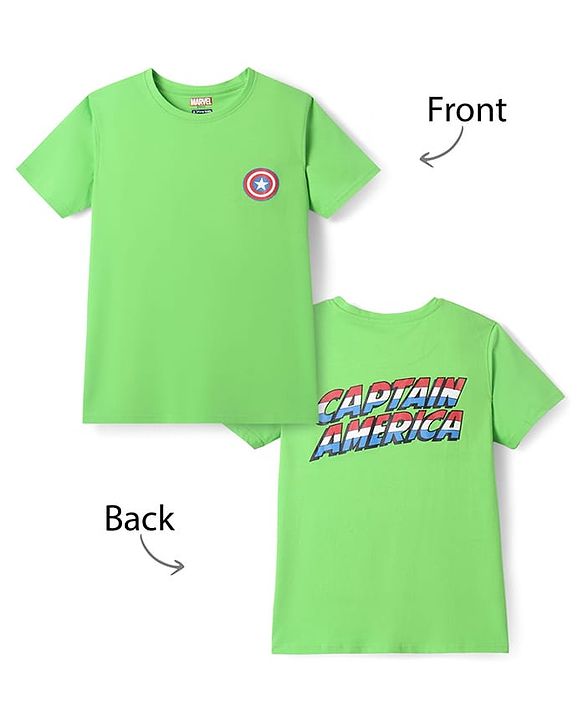 Pine Kids Marvel Single Jersey Knit Half Sleeves Drop Shoulder T-Shirt With Captain America Graphic And Badge Detailing - Light Green