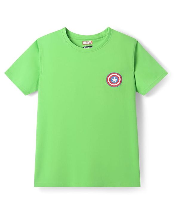 Pine Kids Marvel Single Jersey Knit Half Sleeves Drop Shoulder T-Shirt With Captain America Graphic And Badge Detailing - Light Green