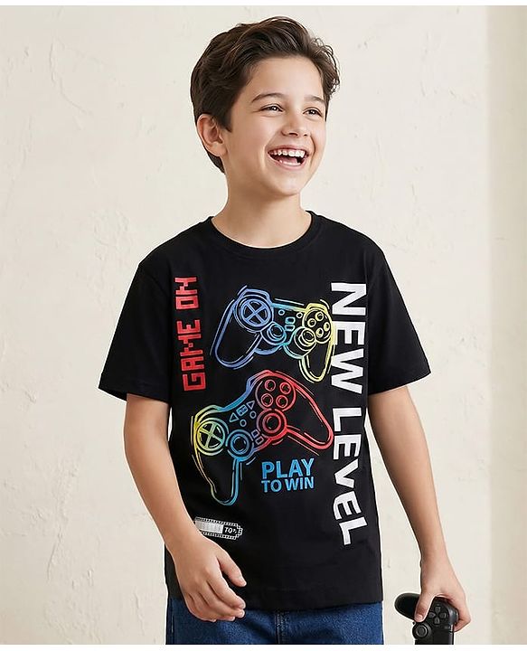 Pine Kids Cotton Knit Half Sleeves T-Shirt with Gaming Print - Black