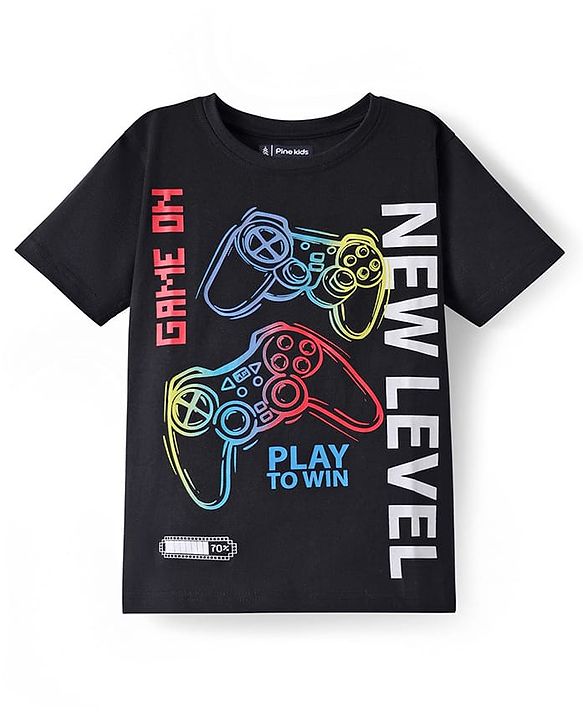 Pine Kids Cotton Knit Half Sleeves T-Shirt with Gaming Print - Black