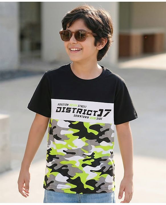 Pine Kids Cotton Knit Half Sleeves Cut & Sew T-Shirt with Text Print - Black