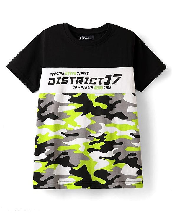 Pine Kids Cotton Knit Half Sleeves Cut & Sew T-Shirt with Text Print - Black