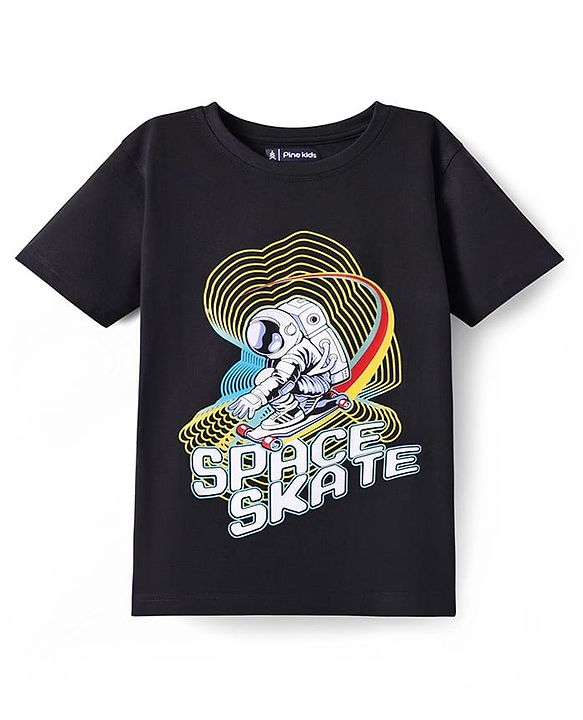 Pine Kids Cotton Knit Half Sleeves T-Shirt With Space Skate Text Print - Black