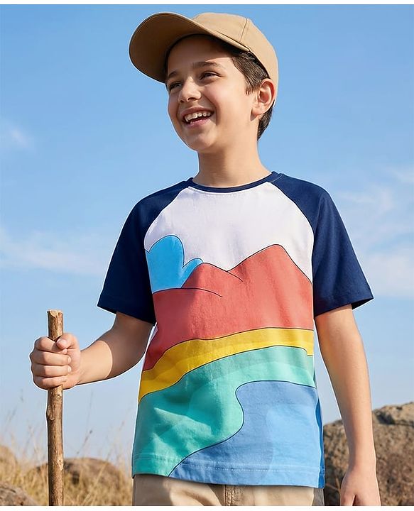 Pine Kids Cotton Knit Half Raglan Sleeves T-Shirt with Mountain Print - White