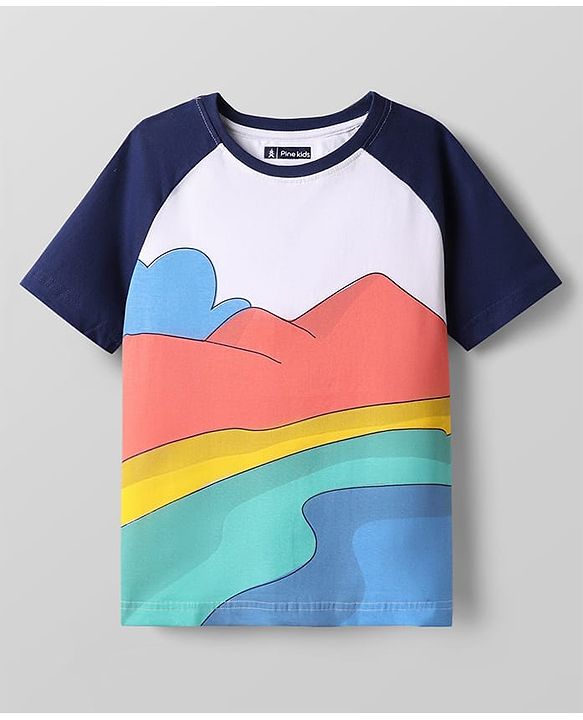 Pine Kids Cotton Knit Half Raglan Sleeves T-Shirt with Mountain Print - White