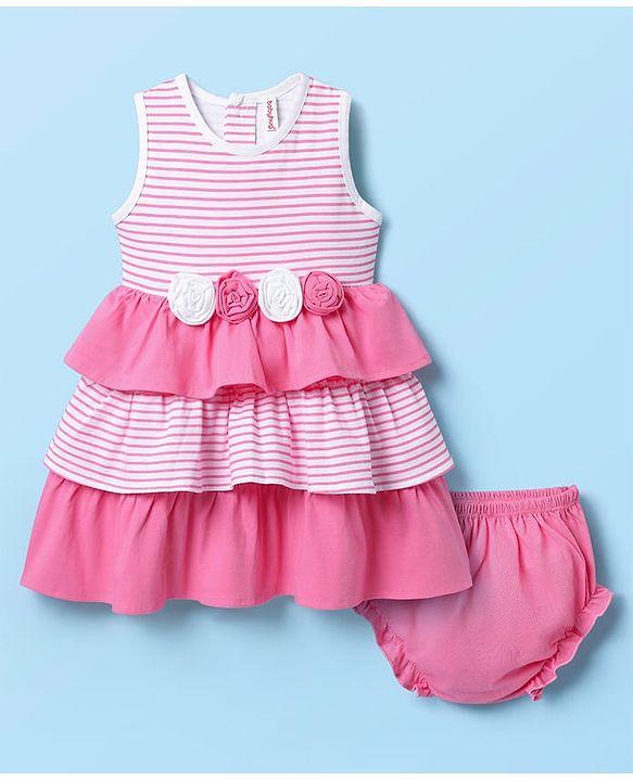 Babyhug Single Jersey Knit Sleeveless Layered Frock With Bloomer & Floral Applique - Pink