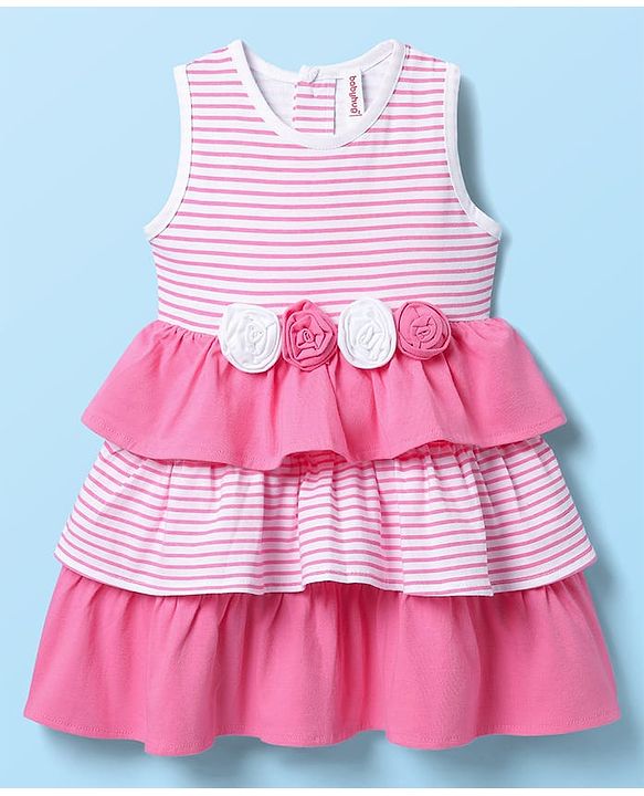 Babyhug Single Jersey Knit Sleeveless Layered Frock With Bloomer & Floral Applique - Pink